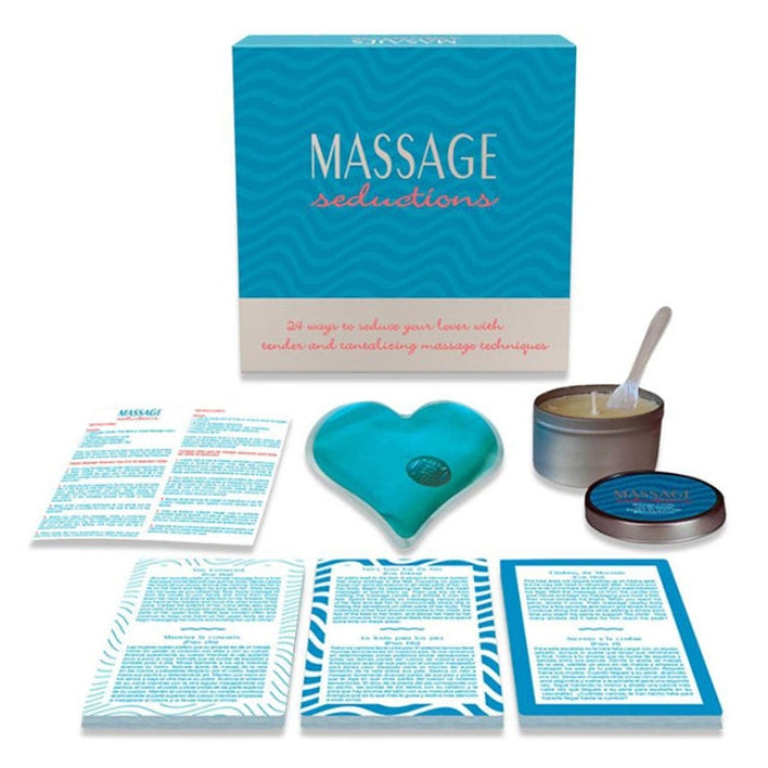 24 ways to seduce your lover with tender and tantalizing massage techniques.  Includes:  Massage Candle, Spoon, 24 Massage Seduction Cards, Warming Heart Massager, and Helpful Massage Seduction Tips