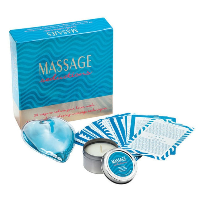 24 ways to seduce your lover with tender and tantalizing massage techniques.  Includes:  Massage Candle, Spoon, 24 Massage Seduction Cards, Warming Heart Massager, and Helpful Massage Seduction Tips