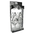 These unscrupulous chrome clover style clamps are ideal for solo play or with your thrill seeking partner. Simply pull the O ring and the clamps pressure becomes more intense. The O ring can be weighted, laced, and more. The clamps measure 7.5cm long and the chain give you 30cm to play with.