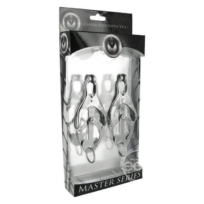 These unscrupulous chrome clover style clamps are ideal for solo play or with your thrill seeking partner. Simply pull the O ring and the clamps pressure becomes more intense. The O ring can be weighted, laced, and more. The clamps measure 7.5cm long and the chain give you 30cm to play with.