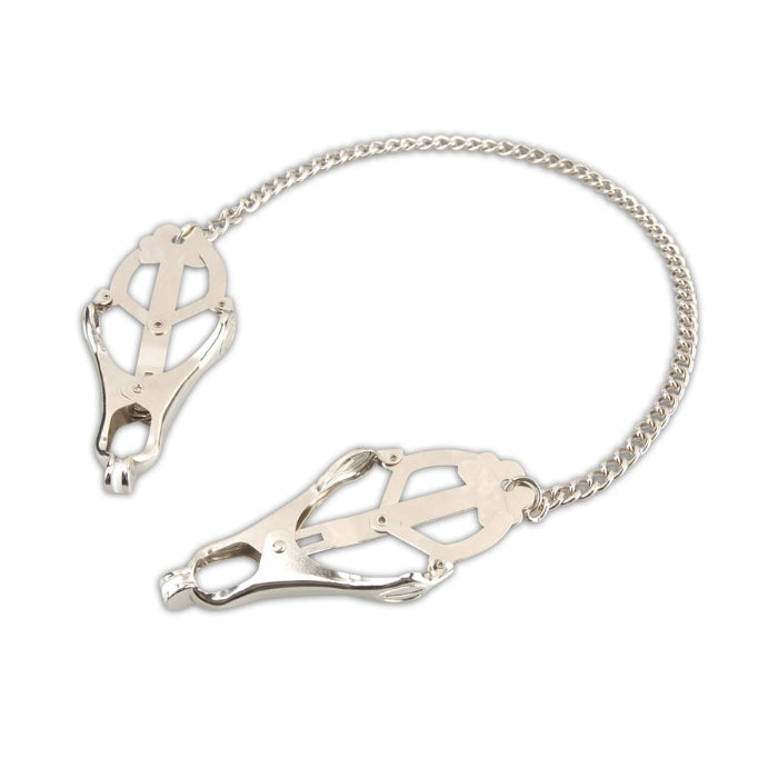 These unscrupulous chrome clover style clamps are ideal for solo play or with your thrill seeking partner. Simply pull the O ring and the clamps pressure becomes more intense. The O ring can be weighted, laced, and more. The clamps measure 7.5cm long and the chain give you 30cm to play with.