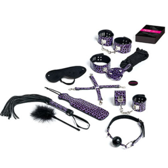 Purple leopard-print leather bondage set with black accents and metal hardware from lady jane adult shop