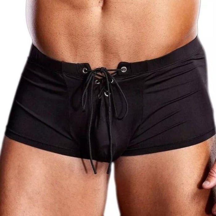 Sexy and suggestive, these Blueline Performance Lace-Up Shorts are a must have for any man. These trunks are made from a durable, silky microfiber fabric that are extremely comfortable and provide stretch retention for an enhanced appearance.&nbsp; They have a lace up front with re-enforced grommets for durability. Size S/M