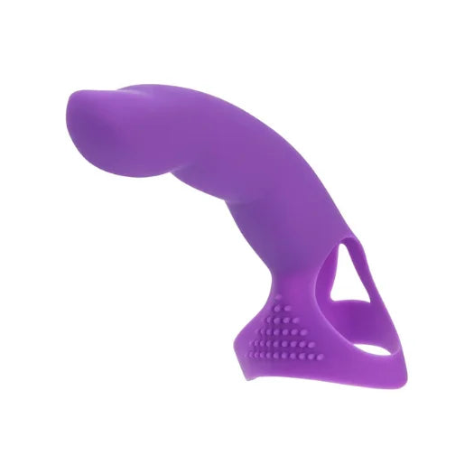 Mini finger swan purple silicone vibratory toy with smooth finish and textured grip band for partner play