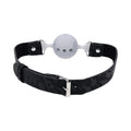 Black lace-patterned leather strap with silver buckle and silicone breathable ball gag for comfortable wear