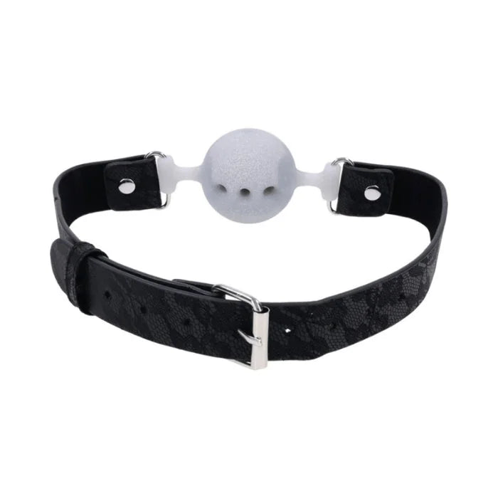 Black lace-patterned leather strap with silver buckle and silicone breathable ball gag for comfortable wear