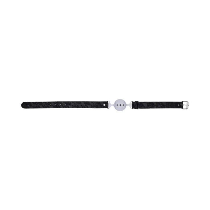 Black textured leather watch strap with silver circular buckle featuring three dots for sex mischief breathable ball gag