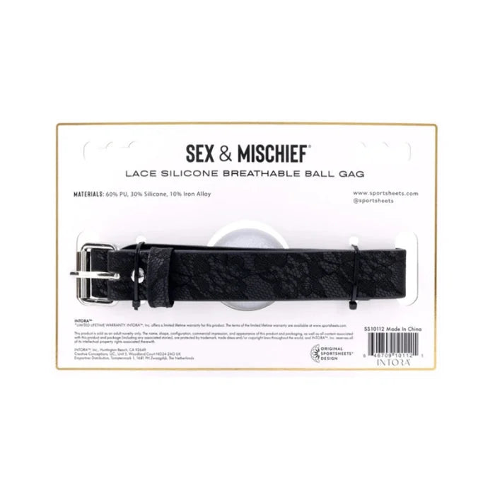 Black lace silicone breathable ball gag with silver-toned metal buckle and iron alloy hardware for comfortable wear