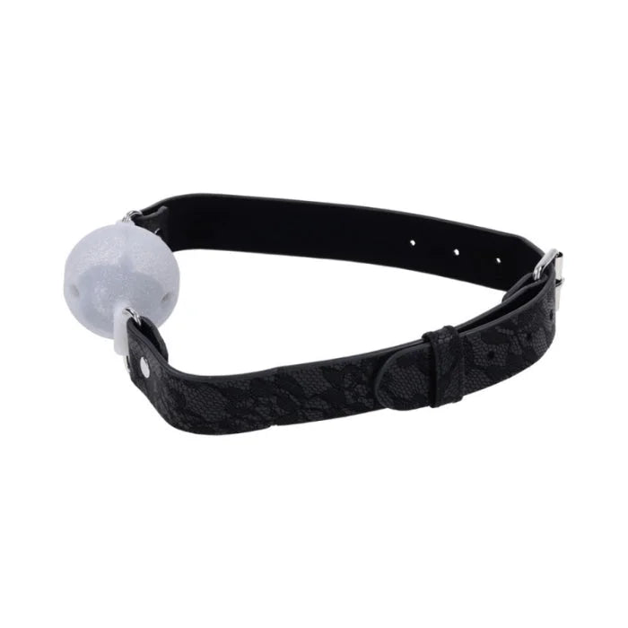 Sex mischief lace silicone breathable ball gag with black lace strap and translucent white silicone breathable ball