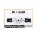 White lace silicone breathable ball gag with black lace-trimmed metal clasps branded sex and mischief