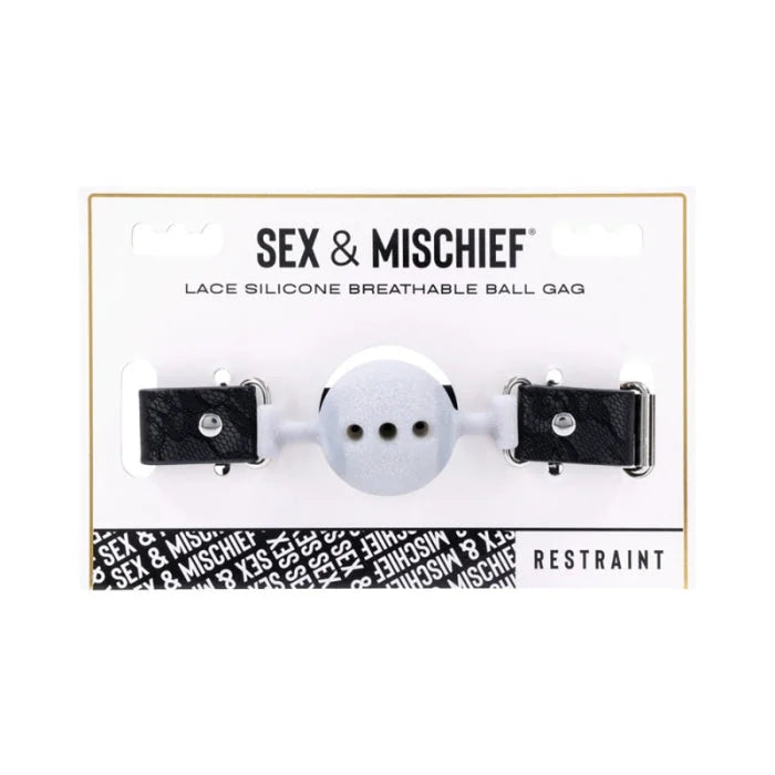 White lace silicone breathable ball gag with black lace-trimmed metal clasps branded sex and mischief