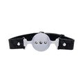 Black lace silicone breathable ball gag with silver circular mouth clamp featuring three small metal studs