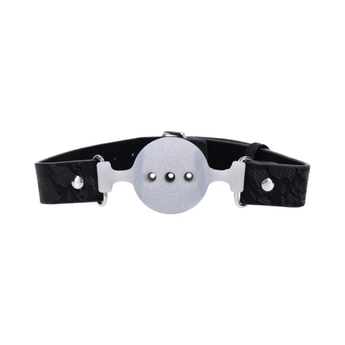 Black lace silicone breathable ball gag with silver circular mouth clamp featuring three small metal studs