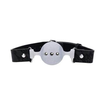 Black lace silicone breathable ball gag with silver circular mouth clamp featuring three small metal studs