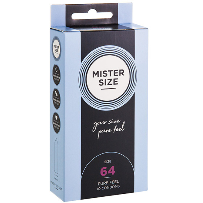 Mister size 64 mm condoms with reservoir tip in light blue and black package containing ten units from lady jane adult shop