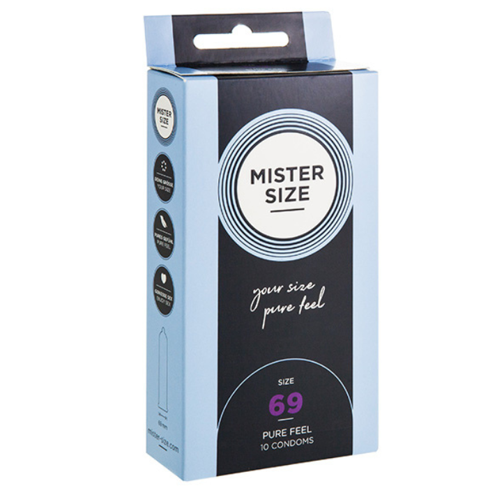 Mister size 69 mm condoms in a light blue and black box with 10 units available at lady jane adult shop