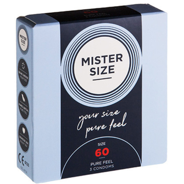 Mister size condoms 60 mm package in light blue and black with circular logo and reservoir tip from lady jane adult shop