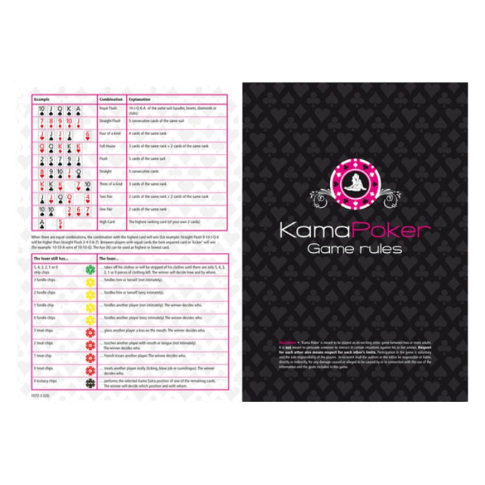 Kama Poker is a game in which the two exciting worlds of poker and Kama Sutra meet. The goal is for two or more players or partners to experience an exciting and erotic adventure together. You don’t need to be an experienced poker player, as you’re not in it to win lots of money, but exciting and erotic moments. By folding, raising or bluffing at the right moments, players can influence the erotic outcome of the game and its pace. The more you win, the more you will dominate the game.