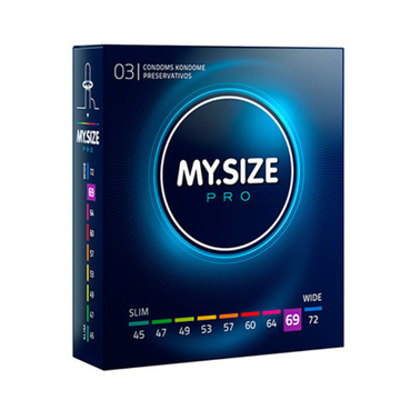 Blue mysize pro 69mm condoms box showing extra wide fit size pro indicators and multilingual labeling on front side
