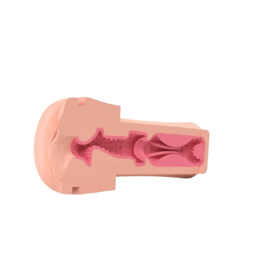 Pink silicone mystim opus e masturbator with body hugging textured interior and molded ridges from lady jane adult shop