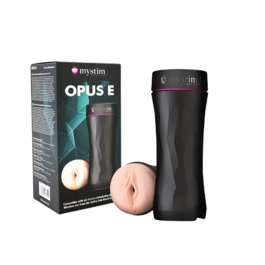 Black textured mystim opus e masturbator with pink silicone head for body hugging pleasure at lady jane adult shop