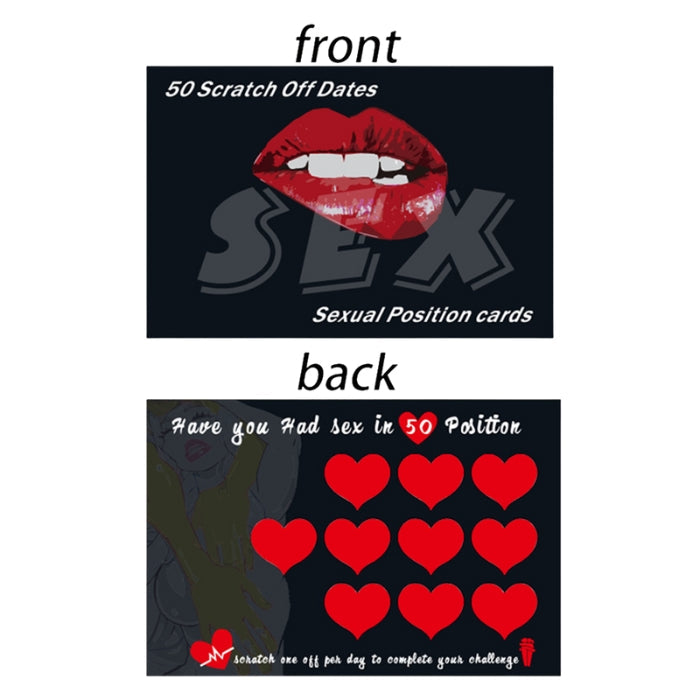 Naughty sexual position scratch cards with red lip print and 50 hearts