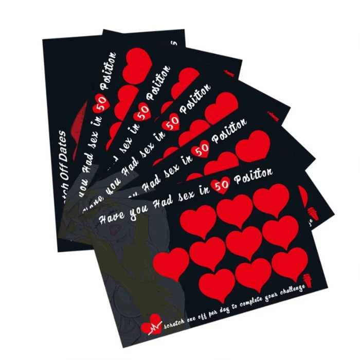 Naughty sexual positions scratch cards with red hearts and couple silhouette