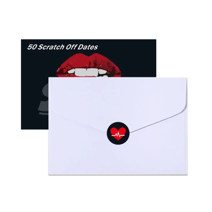 White envelope with red heartbeat heart sticker on naughty sexual positions scratch cards