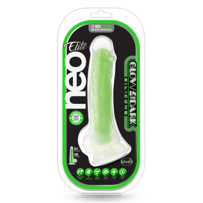 Neo Elite Glow in the Dark dildos feature SENSA FEEL dual density technology: a see-through layer over a firm core that shines in the darkness. The two-layer construction creates an ultra-realistic feel. It is soft yet firm. Neo Elite offers a tapered head for easy insertion. Its above-average length makes using this toy's strong suction cup easier than ever. Or it'll fit into your favorite harness! Made of 100% platinum cured