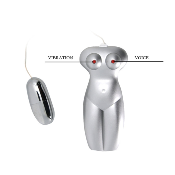 Stylized silver humanoid love doll with red eyes and a phthalate-free component