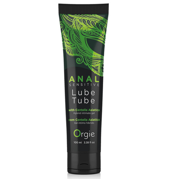 Black tube of orgie anal sensitive lube with green ornate pattern and centella asiatica formula 100ml