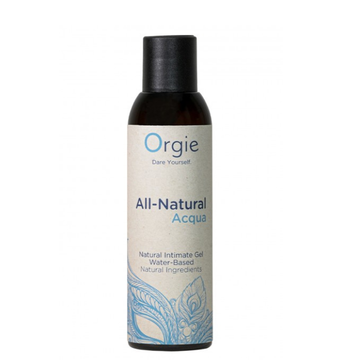 Dark amber glass bottle of orgie aqua all natural water based lube 150ml with black cap for sensitive skin and long lasting use