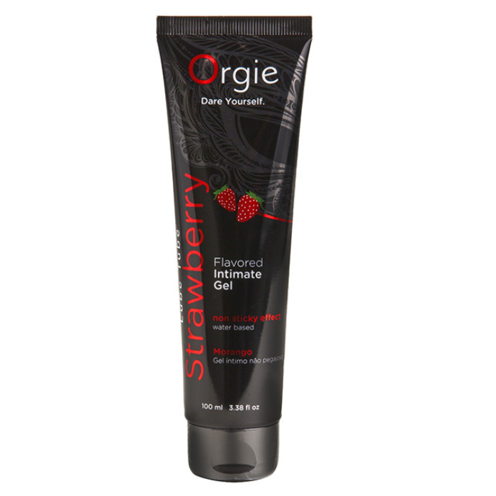Orgie Strawberry Lube 100ml black tube with strawberry graphics