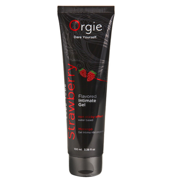 Orgie Strawberry Lube 100ml black tube with strawberry graphics