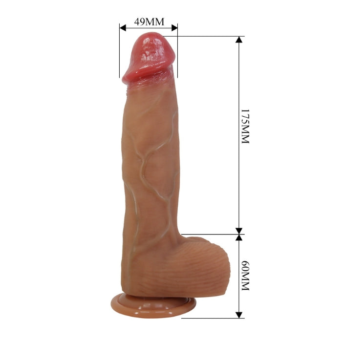 Tan Orton 9.2 inch bendable dildo with scrotum, premium silicone, suction cup