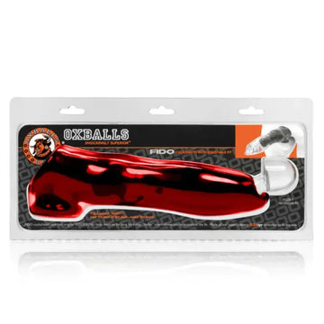 Red glossy plastic oxballs fido cocksheath cock ring with clear silicone attachment for a supportive fit