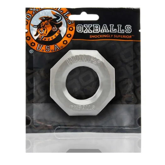 Silver octagonal oxballs humpx stretchy steel ring in clear packaging made of stretchy steel for secure fit