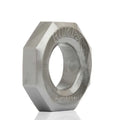 Silver metallic hexagonal nut-shaped oxballs humpx stretchy steel object with engraved humphrey and oxballs text