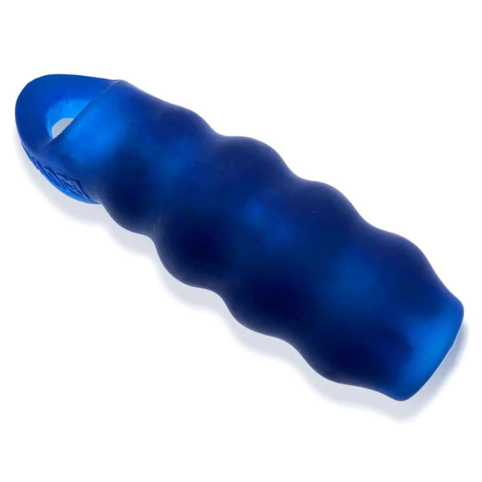 Open-ended sheath with wavy ripples on the shaft, and texture inside, So everyone gets max stimulation. Made of PLUS+SILICONE™, Oxballs slick soft silicone & stretchy TPR blend. It has a sling base that keeps the sheath in place, no straps or harness needed.