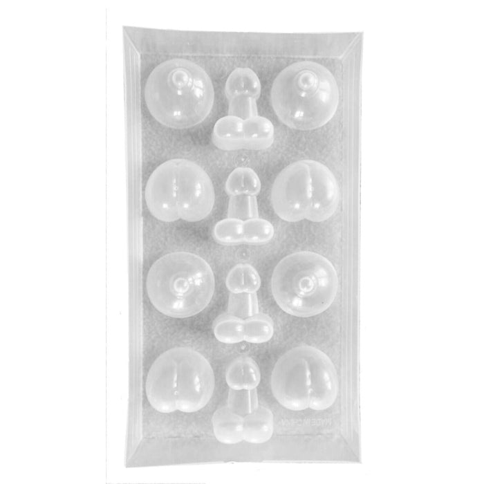 Have fun with this Penis, tits and ass plastic ice tray/mold. They will nicely adorn your drinks on your girls get together, bachelorette or bachelor party fun. The tray measures 8 inches in length, 4 inches in width, each pc measures 1.5 inches in length. Try it with jello shots, ice cubes, juice cubes, candy or chocolate.