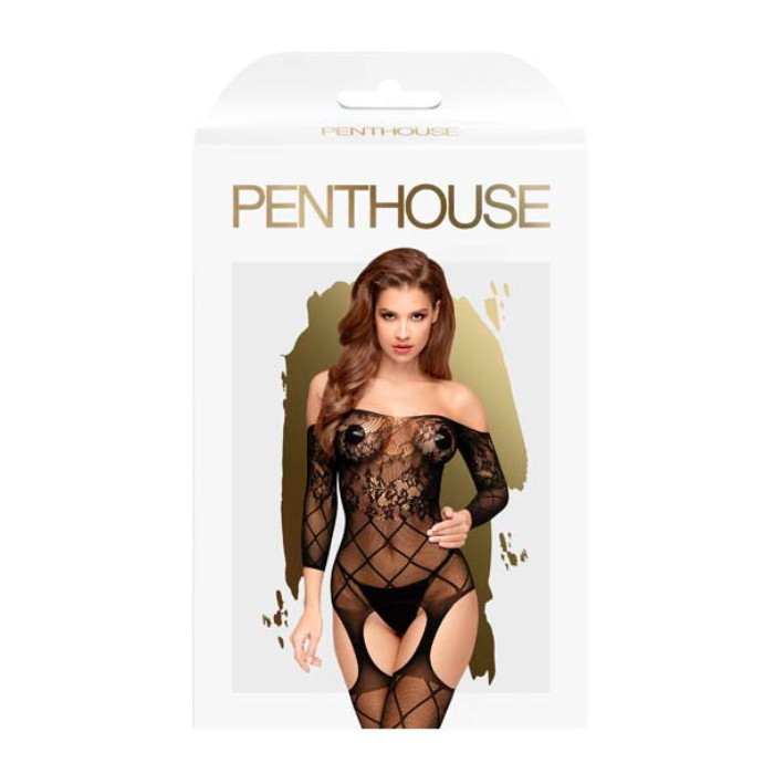 Black Penthouse Top-Notch lingerie bodystocking with intricate patterned mesh