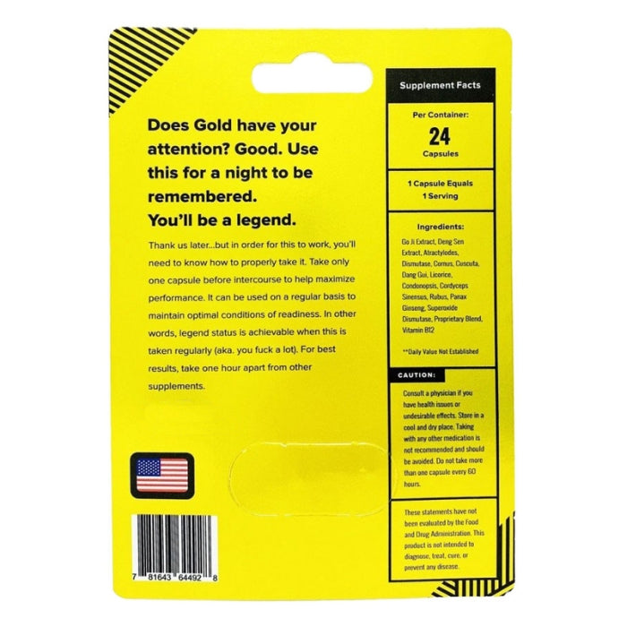 Take only one capsule before intercouse to help maximize performance. it can be used on a regular basis to maintain optimal conditions of readiness. Take one Gold 14K capsule one hour before sex to help energy, libido, and sexual performance. Comes in a pack of 1 capsule.