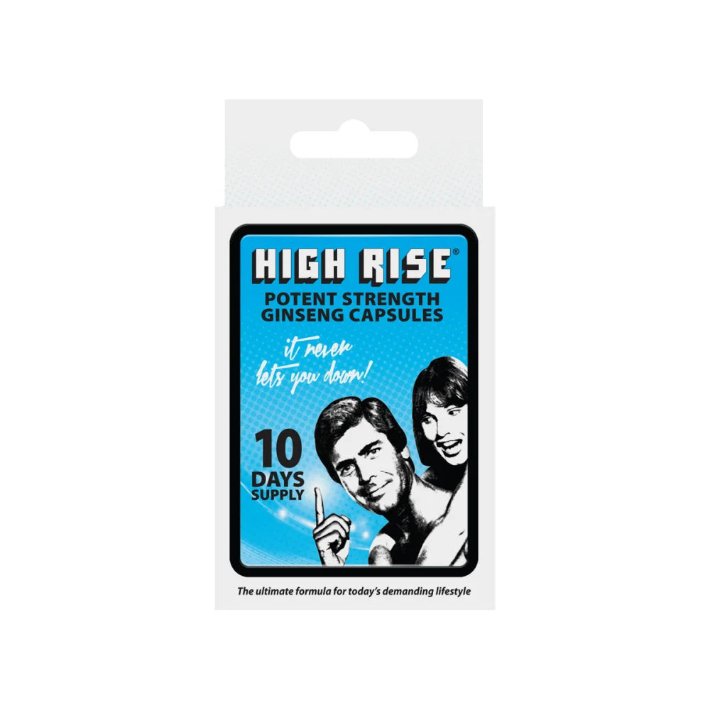 High rise capsules packaging in blue and black with retro-style illustration for men high rise strength supplements