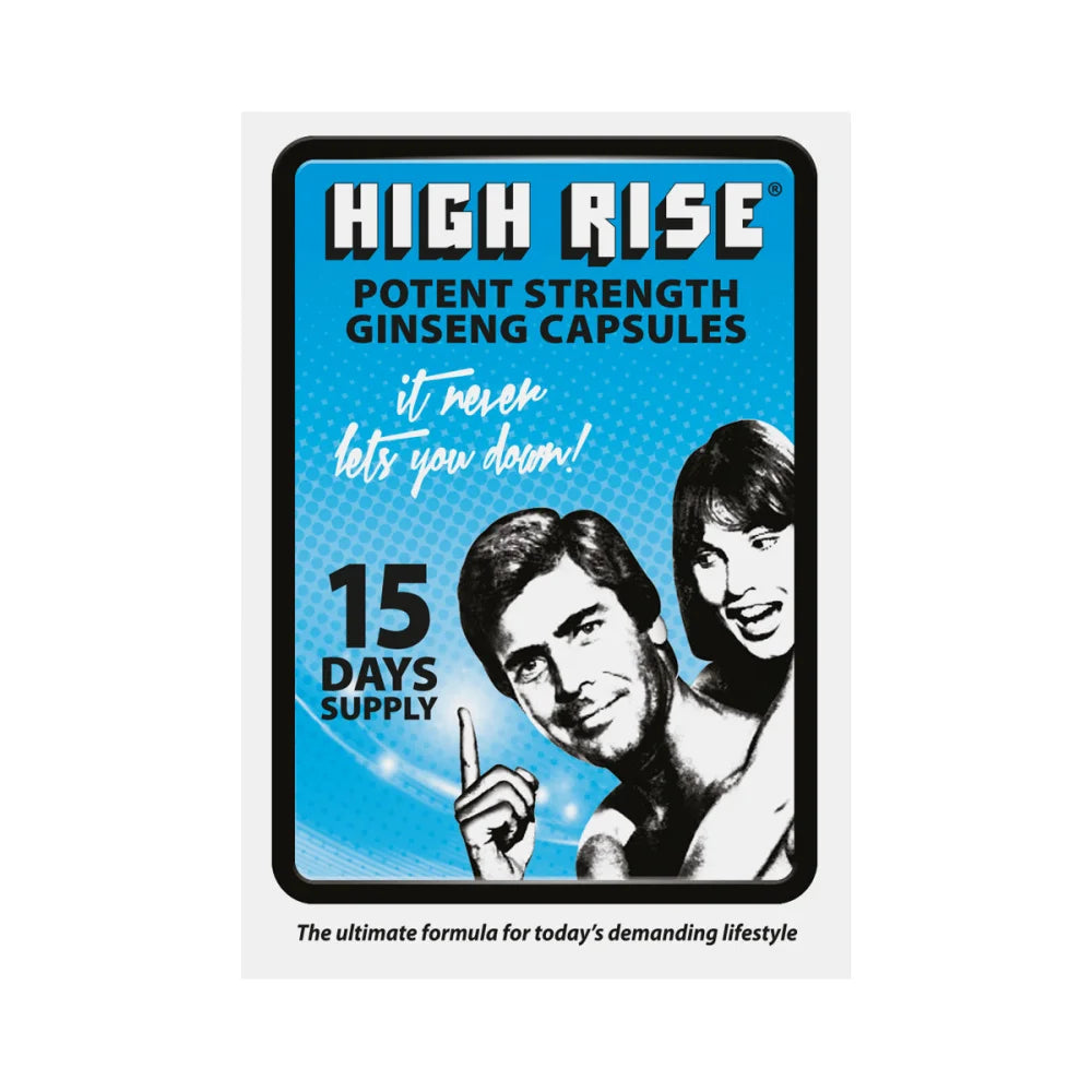 Blue rectangular package of men high rise potent strength ginseng capsules with black and white illustrated figures