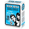 High rise capsules in a white and blue box with retro artwork of two smiling people for men high rise
