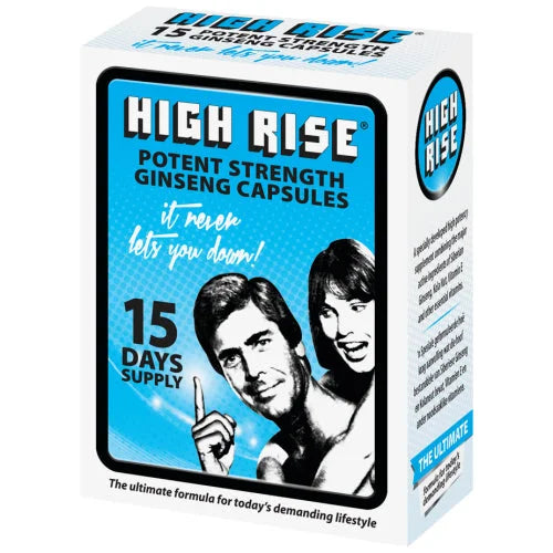 High rise capsules in a white and blue box with retro artwork of two smiling people for men high rise