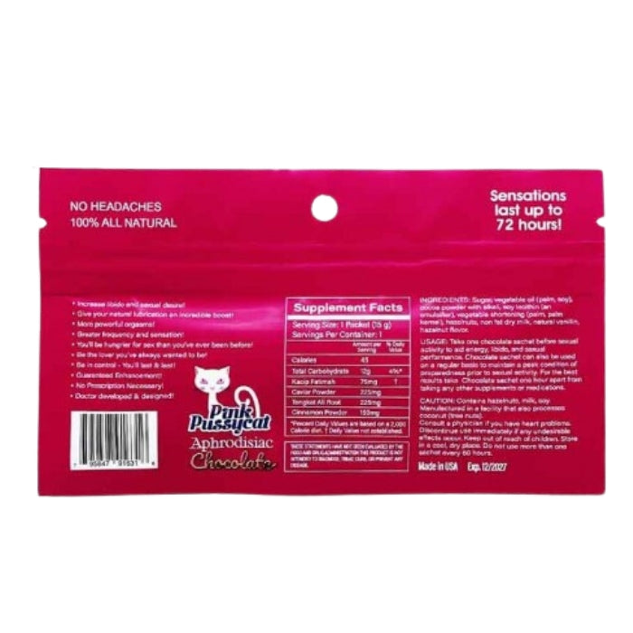 Pink Pussycat Chocolate For Her natural female enhancement supplement designed to make you and your partner roar with pleasure! Made with all natural ingredients, this chocolate will make love making more desirable, exciting and pleasurable! Give your natural lubrication an incredible boost. More powerful orgasms. Greater frequency and sensations. Caution: contains Hazelnuts, Milk and Soy.