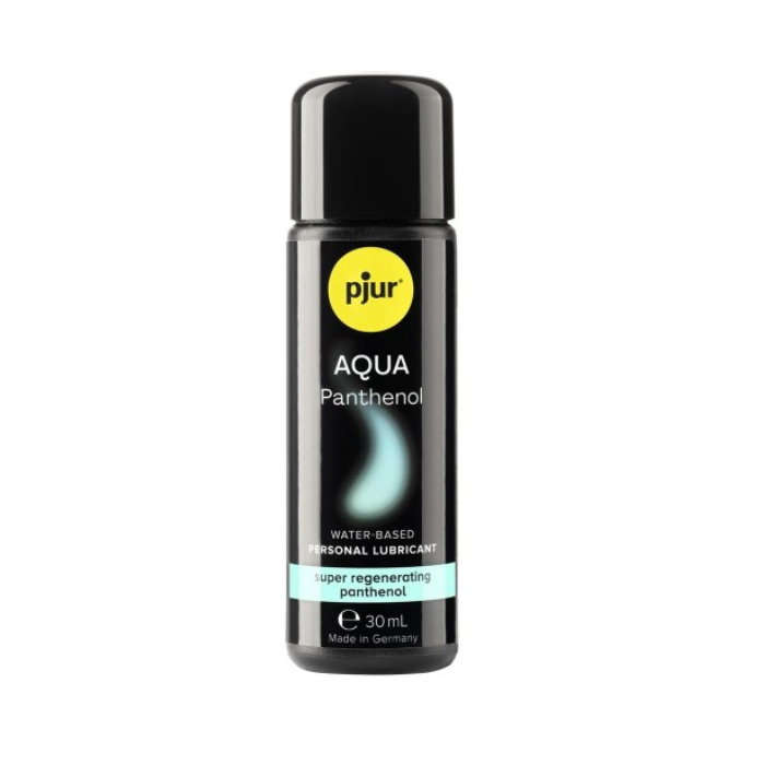 Black bottle of pjur aqua panthenol 20ml water-based personal lubricant with glossy finish and light blue liquid visible