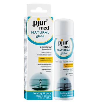 White and teal plastic bottle of pjur med natural glide waterbased lube with white cap for long lasting lubrication