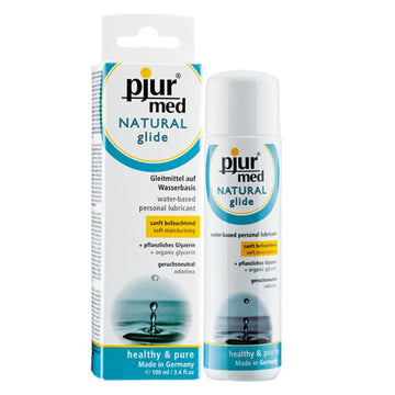 White and teal plastic bottle of pjur med natural glide waterbased lube with white cap for long lasting lubrication